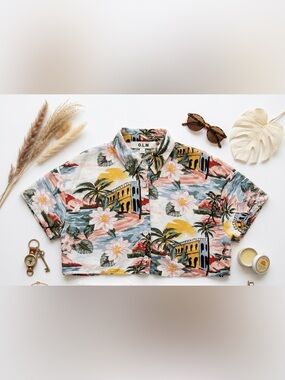OLM Floral Tropical Cropped Button-Up Top